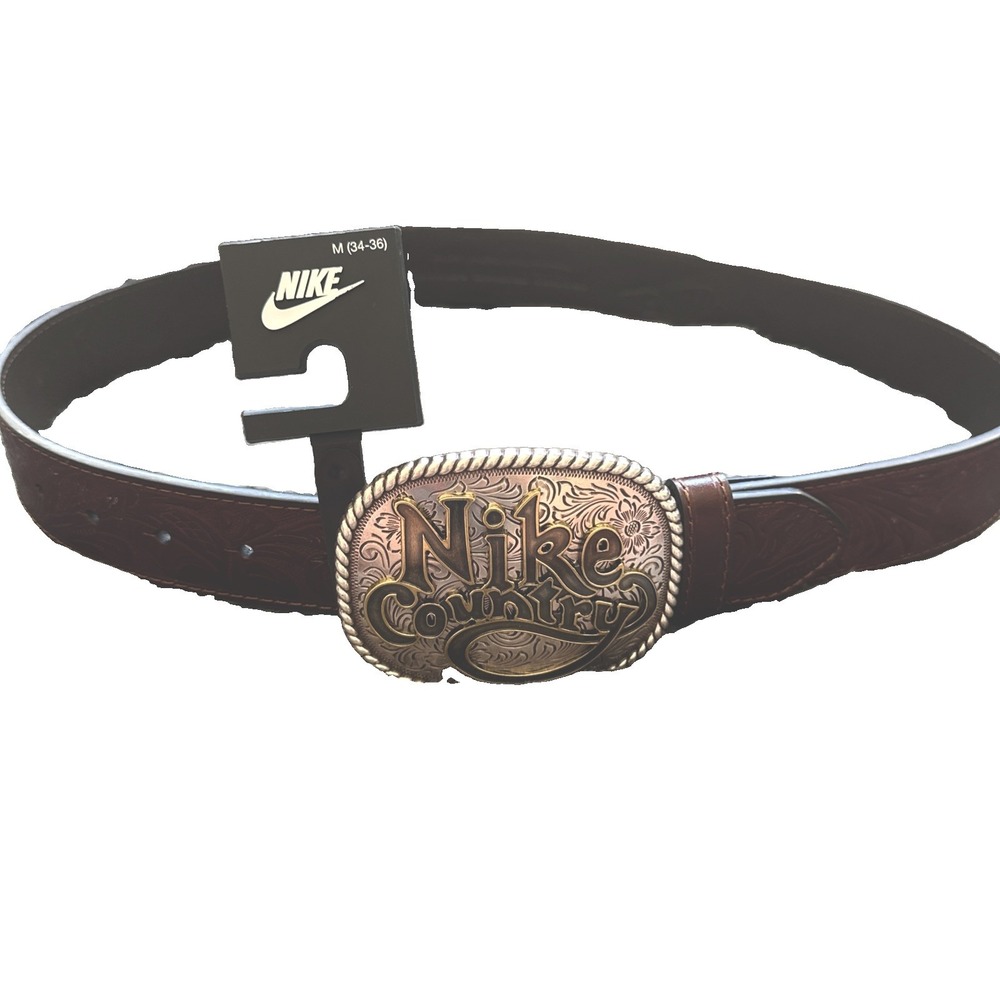 Nike Country Belt Men's Plaque Buckle Embossed Leather Belt Size M *SHIP READY*